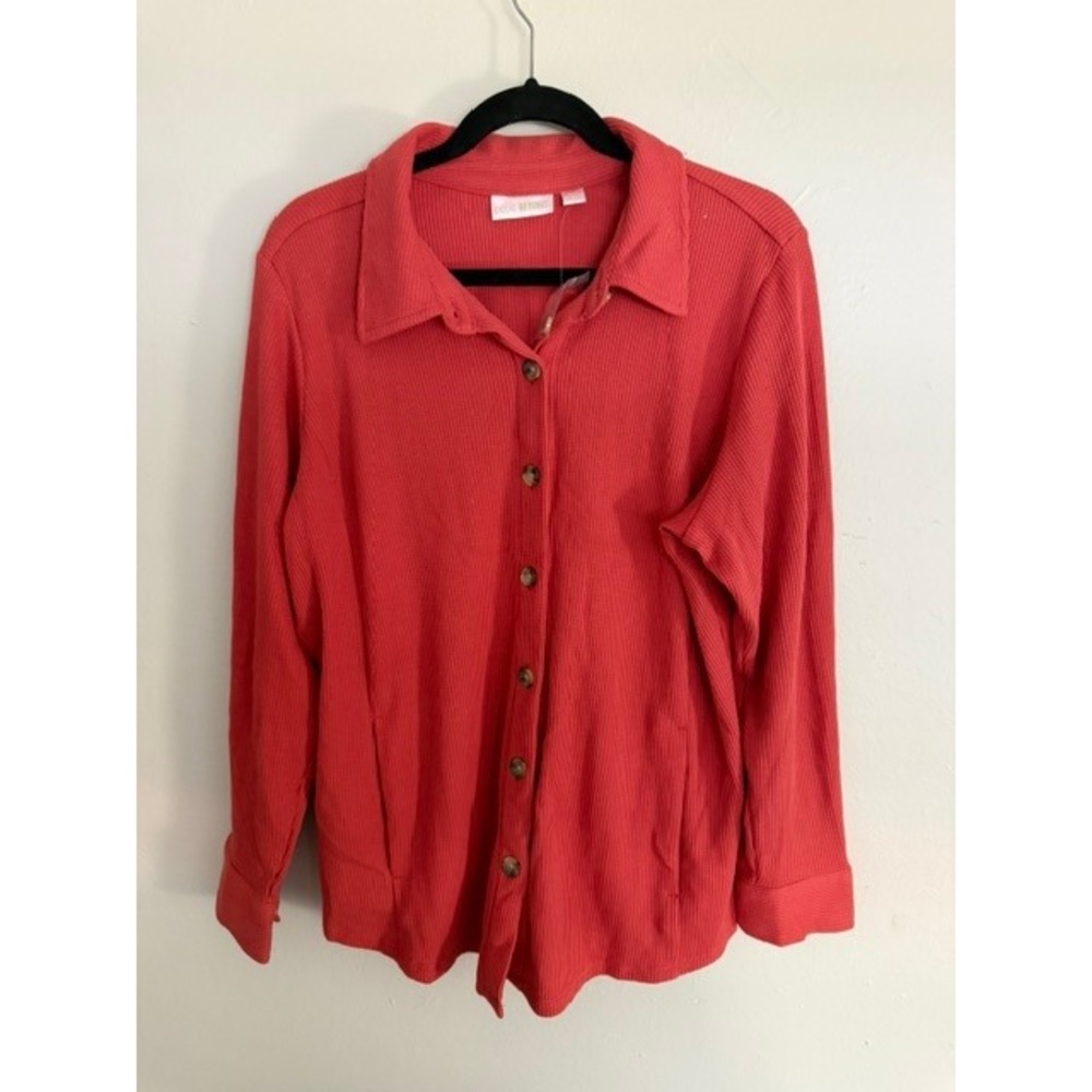 Belle by Kim Gravel Waffle Knit Button Down Shirt Coral Pink XL Petite NWT